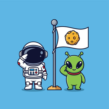 Astronaut and alien standing by flag with cookie.