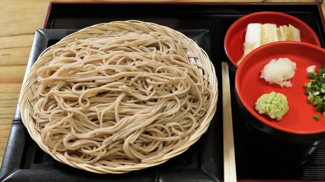 Top-down view of a classic Japanese cold soba noodle set served on a traditional bamboo zaru mat. The set features authentic buckwheat noodles accompanied by dipping sauce (tsuyu) and fresh condiments