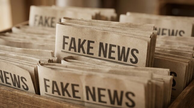 Stack of newspapers with bold 'fake news' headline printed prominently highlighting misinformation and deception in media presented