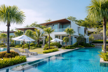 Obraz premium The design and landscaping of luxury swimming pools. Modern beach house architecture featuring tropical palms and trendy aesthetic materials. Hotel villa resort offering private pool rentals.