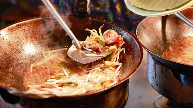Cooking traditional pad thai noodles in iron wok at asian street food market with steam and action.