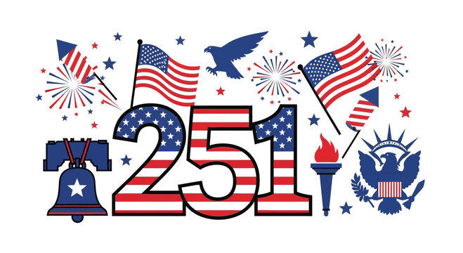 USA 251 Years Independence Day Celebration with Flags, Eagle, Bell, Torch, Fireworks
