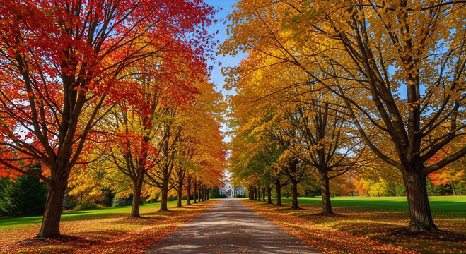 Autumn pathway lined with colorful trees and golden leaves