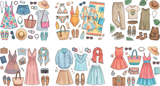 Large collection of summer fashion outfits including dresses swimwear beach accessories and casual clothing in a hand drawn flat vector illustration style for vacation.