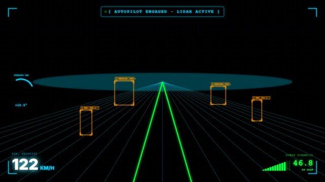 Autonomous vehicle driving interface with lidar sensor detection and navigation data overlay appearing in a futuristic digital motion video animation