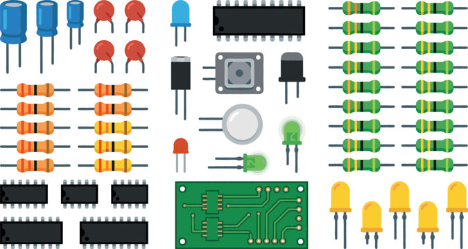 Collection of various electronic components including resistors capacitors integrated circuits LEDs and a circuit board in a flat vector illustration style for technology.