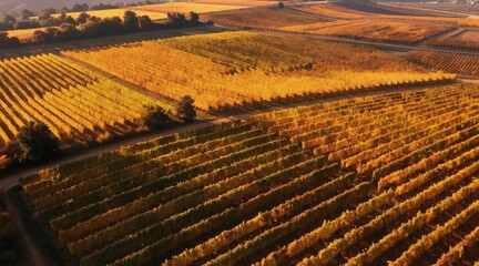 Naklejka premium Aerial view of vineyard rows in fall. Golden yellow grapevine leaves cover hillsides. Sunlit agriculture land shows neat plant lines creating scenic landscape patterns. Harvest season begins.