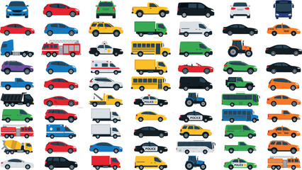 Large collection of various transport vehicles including cars trucks emergency services buses and industrial machinery in a flat vector illustration style for design. © MbBasir
