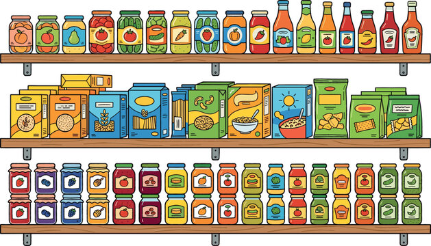 Organized grocery store shelves with colorful jars of jam honey sauces and boxed food items in a flat vector illustration style for retail.