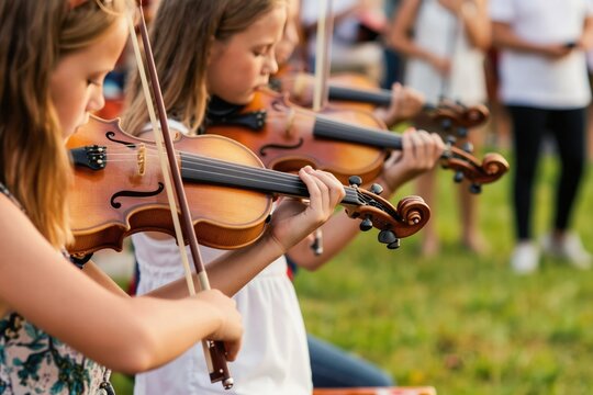 Close up of young girls playing violins outdoors at a summer festival. Children practice music lesson together, string instruments creating beautiful melodies in park.