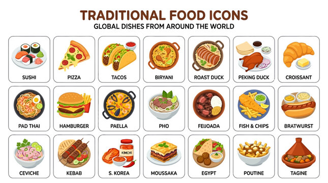 Traditional food icons showcase global dishes from around world with various cuisine types and meals