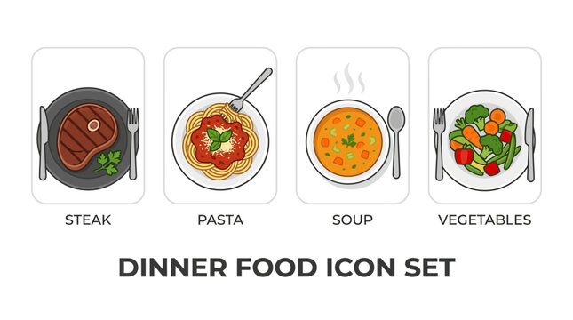 Dinner food icons visualize various meals including steak pasta soup and vegetables on plates.