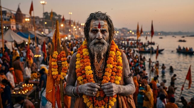 Indian Sadhu Holy Man with Marigold Garland and Trishula on Ganges Riverbank During Spiritual Festival