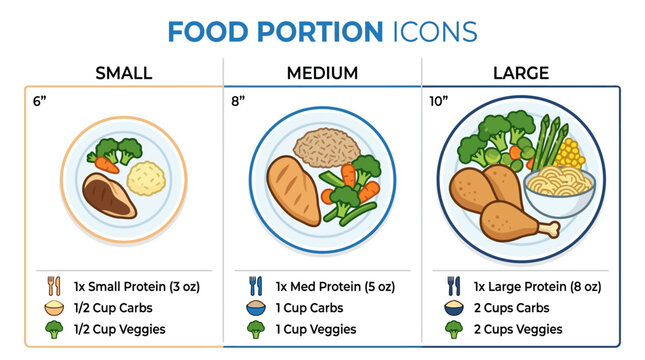 Food portion icons visualized with small medium and large plates displaying healthy meal servings