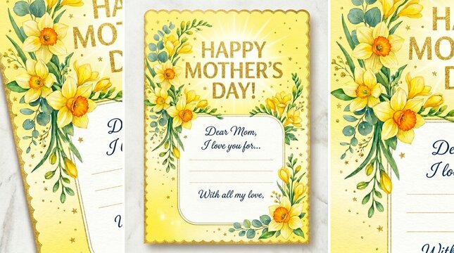 Happy mothers day greeting card template with yellow daffodils and eucalyptus