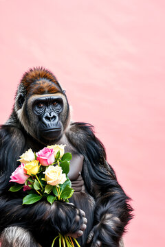 花束を手に持つゴリラ | Gorilla holding a bouquet of flowers Generative AI