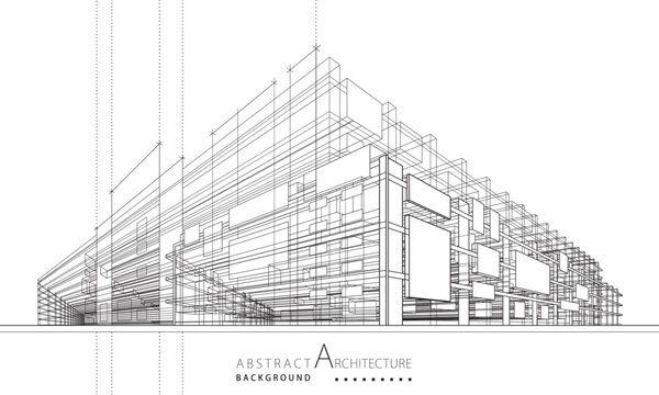 3D illustration Imaginative architecture construction in outline drawing.