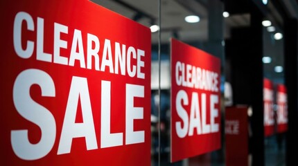 Fototapeta premium Bright red clearance sale signs with white bold lettering displayed on shop windows promoting discounts and special offers