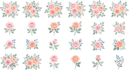 Obraz premium Soft pink rose floral illustrations with greenery and delicate flowers for a romantic and nature-inspired vector design.
