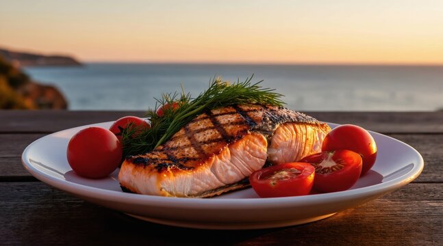 Grilled salmon fillet with cherry tomatoes on white plate. Dinner served by ocean at sunset with calm sea backdrop. Delicious seafood meal prepared for healthy eating outdoors.