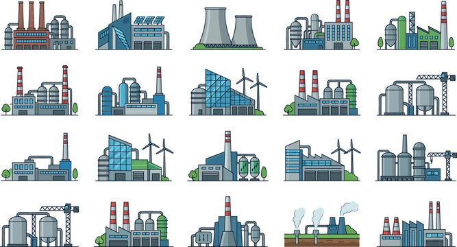 Illustrations of industrial factories with chimneys, wind turbines, and modern buildings for a clean energy and industry-themed vector design.
