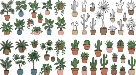Illustrations of various houseplants and cacti in decorative pots for a modern and nature-inspired vector design. © MbBasir