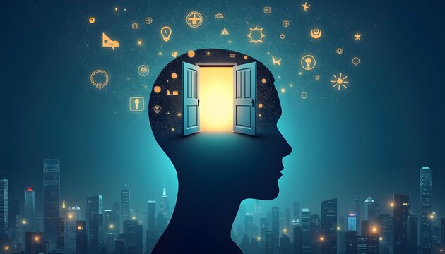 Human head silhouette with open door and glowing light, surrounded by idea icons over city skyline, symbolizing creativity, innovation, mindset growth, knowledge expansion, and mental breakthrough.