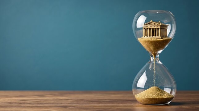 Ancient temple inside hourglass on blue background history concept