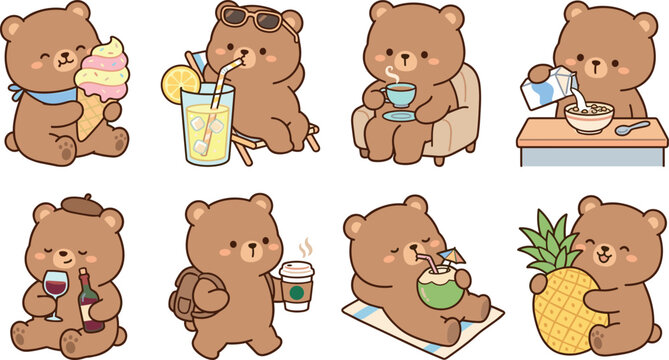 Cute brown bear character vector illustration set enjoying summer food drinks and vacation lifestyle.