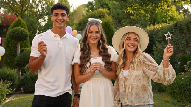 Three Happy Young Adults Holding Star Wands and Smiling in a Vibrant Summer Outdoor Garden Setting
