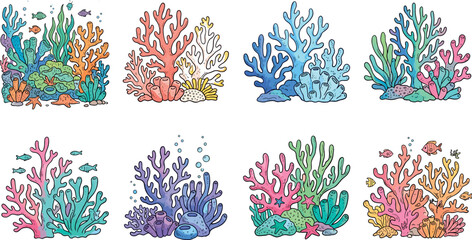 Vibrant coral reef illustrations featuring colorful coral and tropical fish in a playful and underwater-themed design. © MbBasir