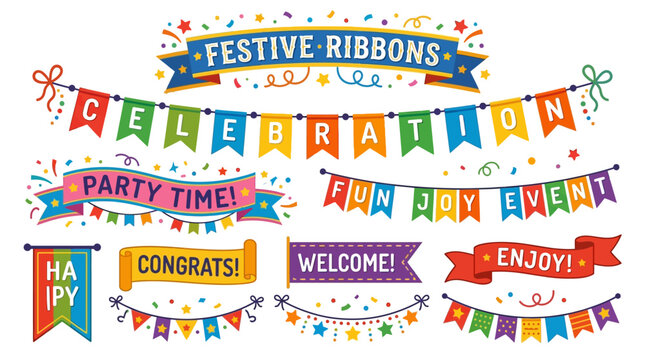 Colorful ribbons and banners celebrate a festive party with congratulations
