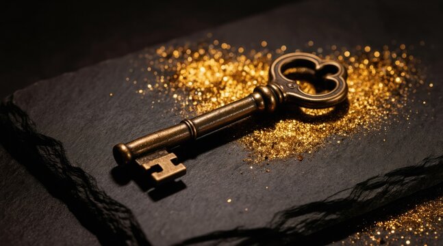 Ornate brass key rests on dark stone surface amid scattered gold sparkles. Antique metal object represents opportunity access or discovery. Old treasure unlocks secrets luxury wealth success.