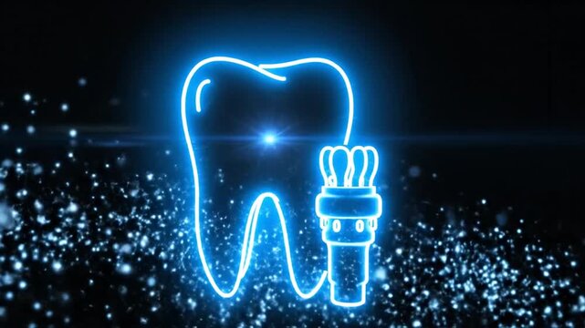 Glowing Neon Blue Tooth And Dental Implant Animation With Shimmering Particles