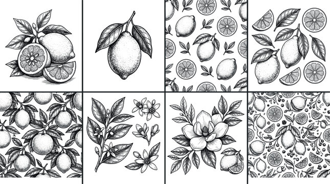 Set of Hand-Drawn Lemon and Floral Illustrations with Various Styles for Botanical, Fruit, and Nature Themes