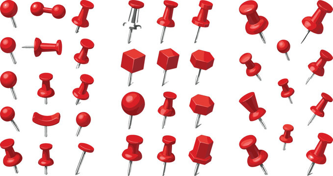 Set of Red Push Pins in Various Shapes and Sizes for Office, Organization, and Stationery Design Themes