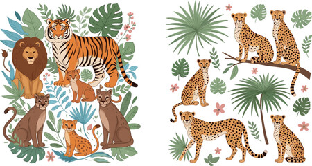 Wild Cat Vector Set with Lions, Tigers, Cheetahs, and Cougars Surrounded by Jungle Leaves and Plants for Wildlife, Nature, Safari, and Animal Illustrations. © MbBasir