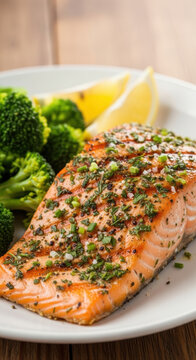 Grilled salmon with herb arrangement served with healthy broccoli and lemon wedges on white plate for nutritious food meal