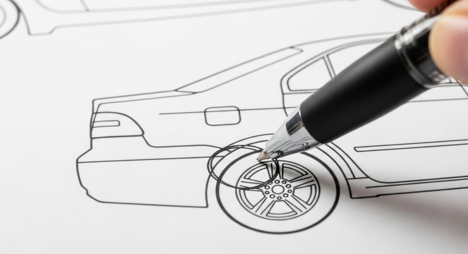 Car insurance accident estimate damage assessment on vehicle sketch with pen for repair claim and safety review