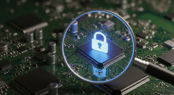 Data privacy concerns highlighted by magnifying glass on circuit board with digital lock symbol glowing blue