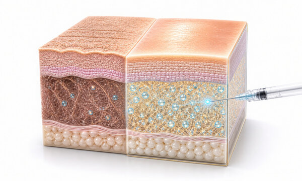 Skin layers illustration showing epidermis, dermis, and subcutaneous tissue with syringe injecting substance
