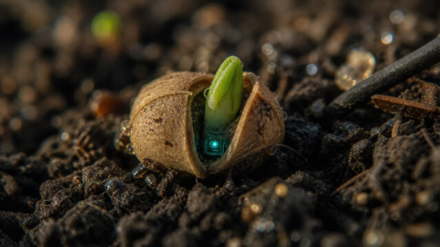 Biodegradable seed pod with microchip in soil for precision reforestation. Smart agriculture and forest restoration