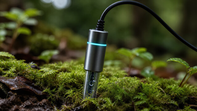 Sleek smart soil sensor probe in green moss for precision forestry. Modern environmental monitoring device