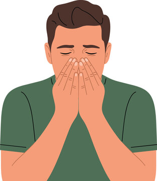 Man suffering from vomit closing mouth showing nausea vomiting vector on white background.