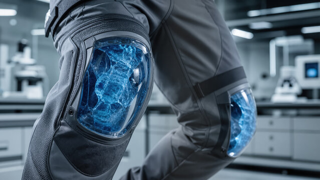 Techwear trousers with non-newtonian fluid knee protection hardening on impact in modern laboratory