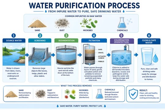 Water Treatment Process Illustration with Sedimentation, Filtration, and Chlorination