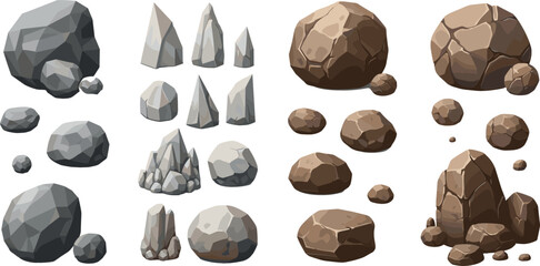 Rock and Stone Vector Set with Various Shapes Including Boulders, Pebbles, Spikes, and Crags for Game Design, Landscape, Nature, and Outdoor Illustrations. © MbBasir
