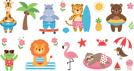 Cute Summer Animals Vector Set with Beach, Swimwear, and Vacation Characters for Kids, Fun, and Tropical Designs. © MbBasir