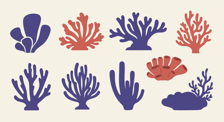 Collection of Stylized Coral Reef Elements in Purple and Red Hues. © Nabih
