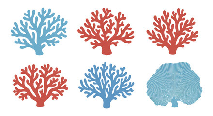 Collection of stylized coral reef illustrations in blue and red. © Nabih